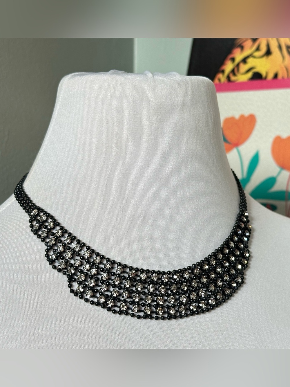 Vivi Love Black Crystal Rhinestone Collar Necklace Formal Goth Statement Punk